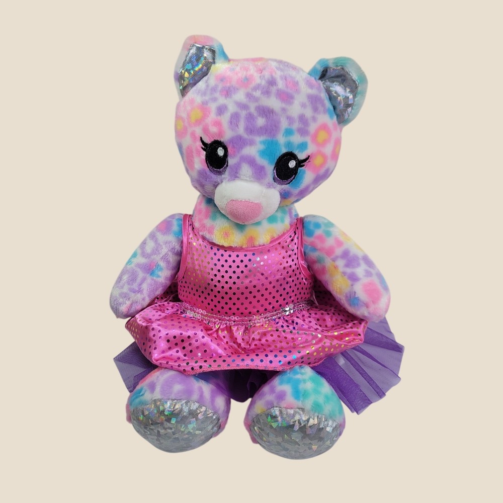 Build-A-Bear Plush Pastel Leopard Rainbow Cat Sequin Tutu Dress Pink Purple Blue